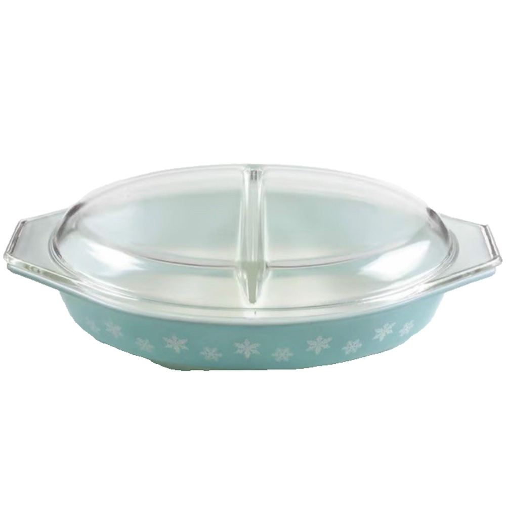 Vintage Pyrex Turquoise Snowflake 1.5 Quart Divided Casserole Dish & Clear Lid